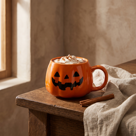 Ceramic pumpkin mug with cocoa on an oak counter