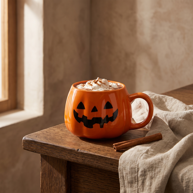 Ceramic pumpkin mug with cocoa on an oak counter