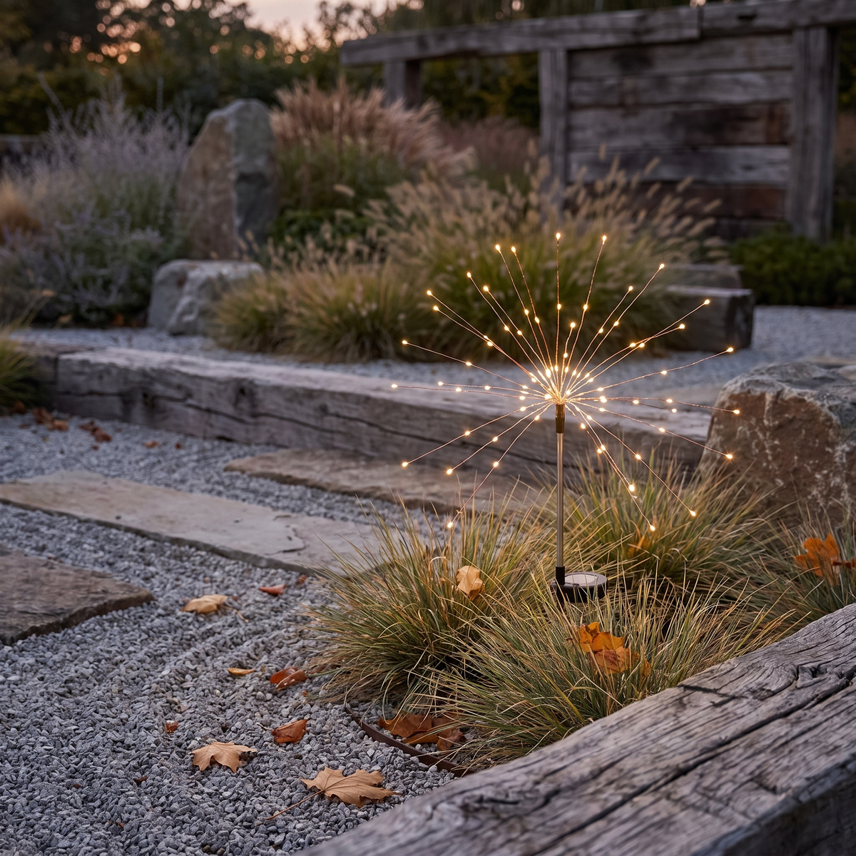 Copper wire solar firework light glowing among grasses
