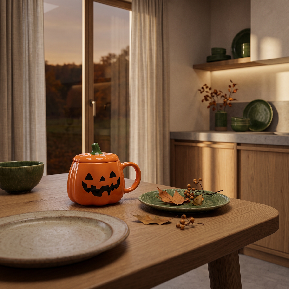 Pumpkin mug on a breakfast table at dusk