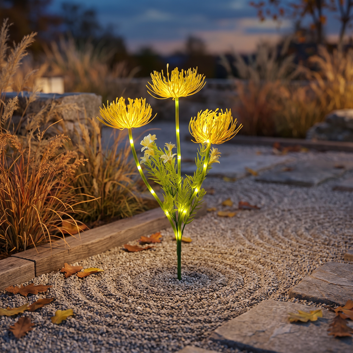 Solar hydrangea light glowing in a garden bed