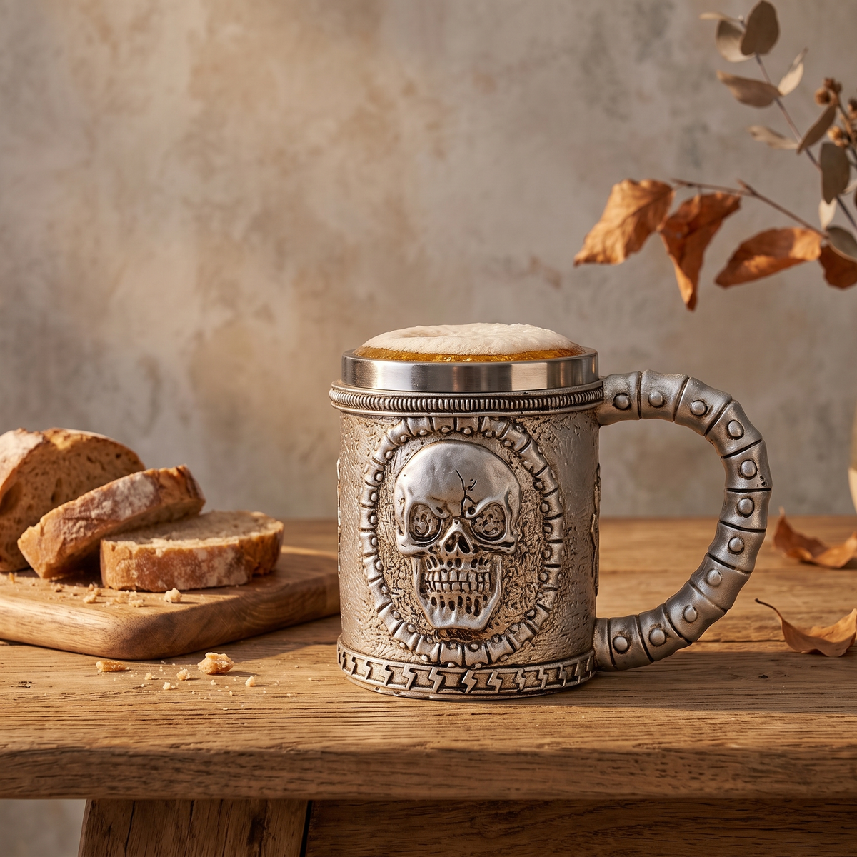 Dragon tankard with beer on a rustic oak table