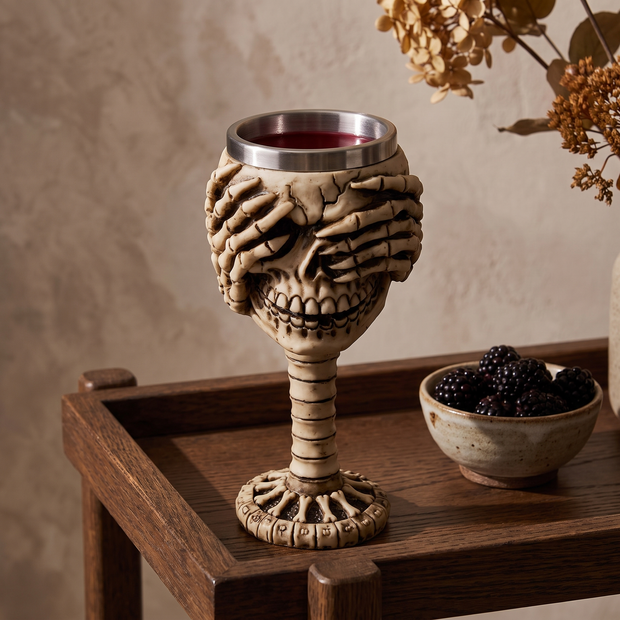 Skull goblet with a red drink on an oak bar cart