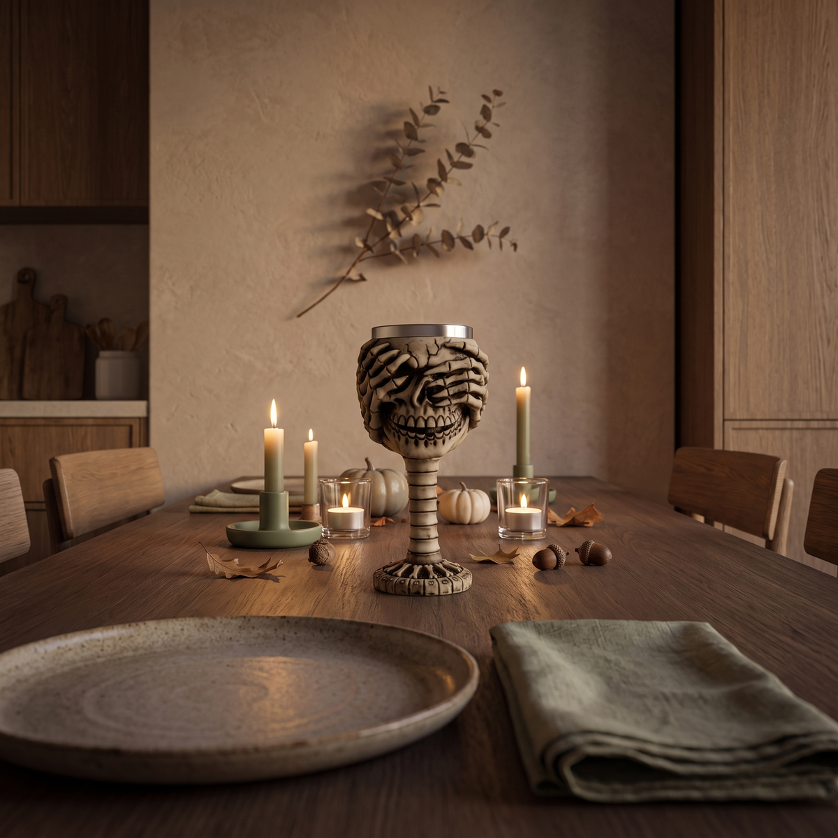 Skull goblet on an autumn dinner table