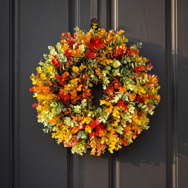 Autumn leaf wreath on a charcoal front door