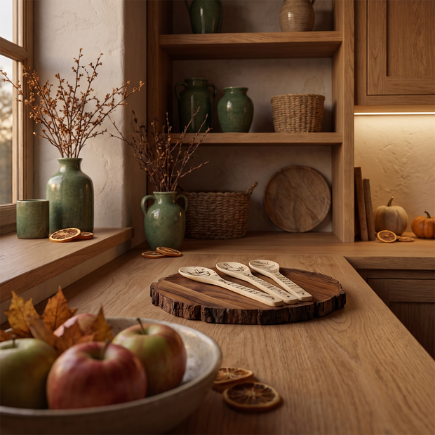 Engraved wooden spoons on an oak kitchen counter