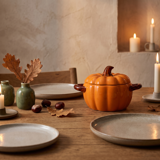 Pumpkin casserole dish on an autumn dining table