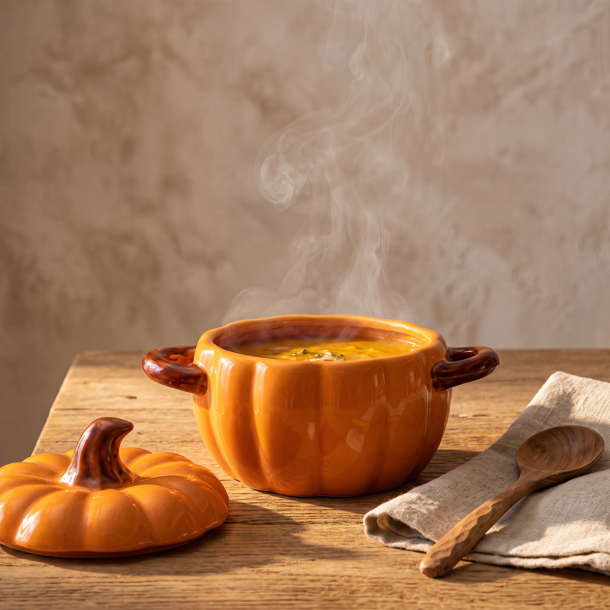 Ceramic pumpkin casserole dish with soup