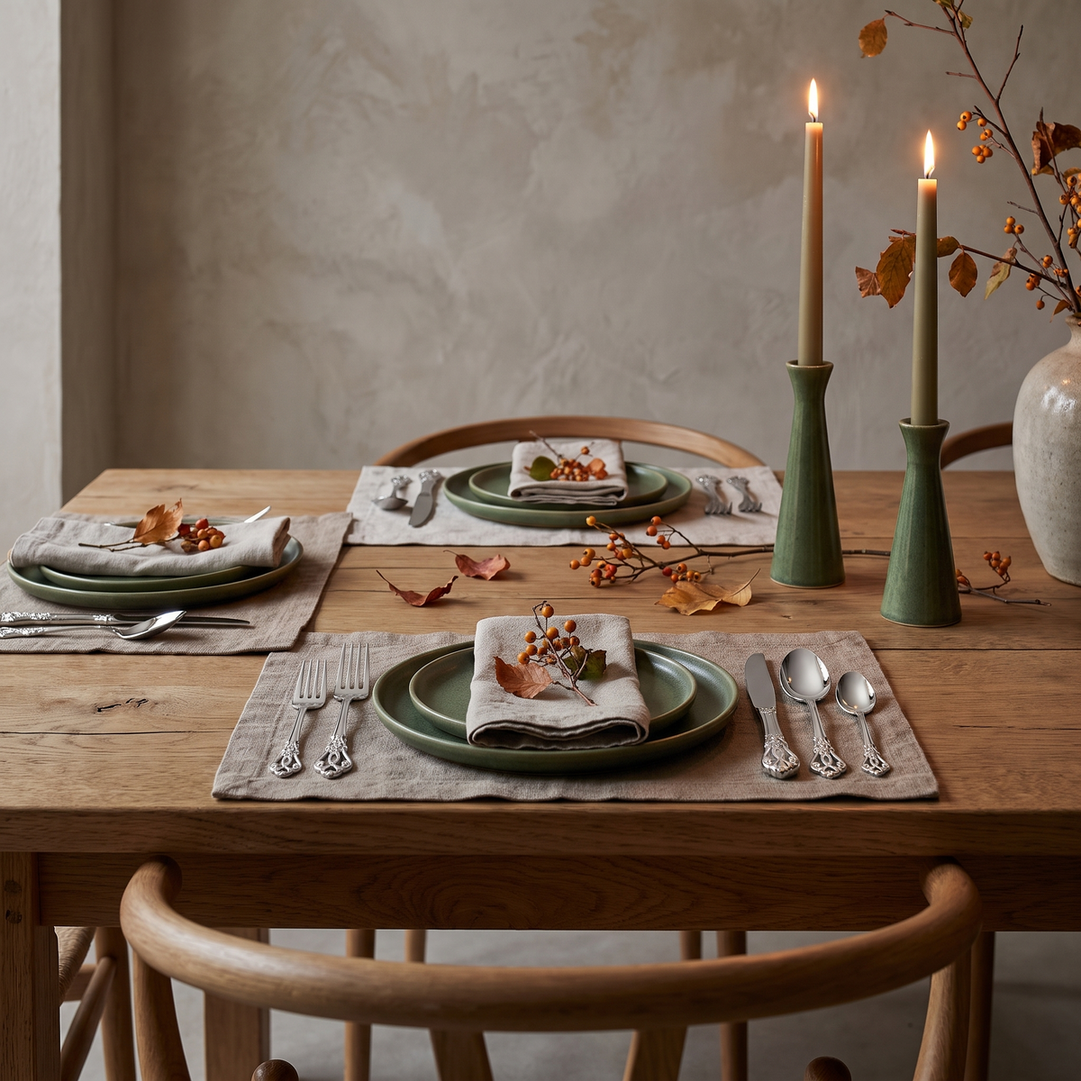 Baroque flatware set on an oak dining table for four
