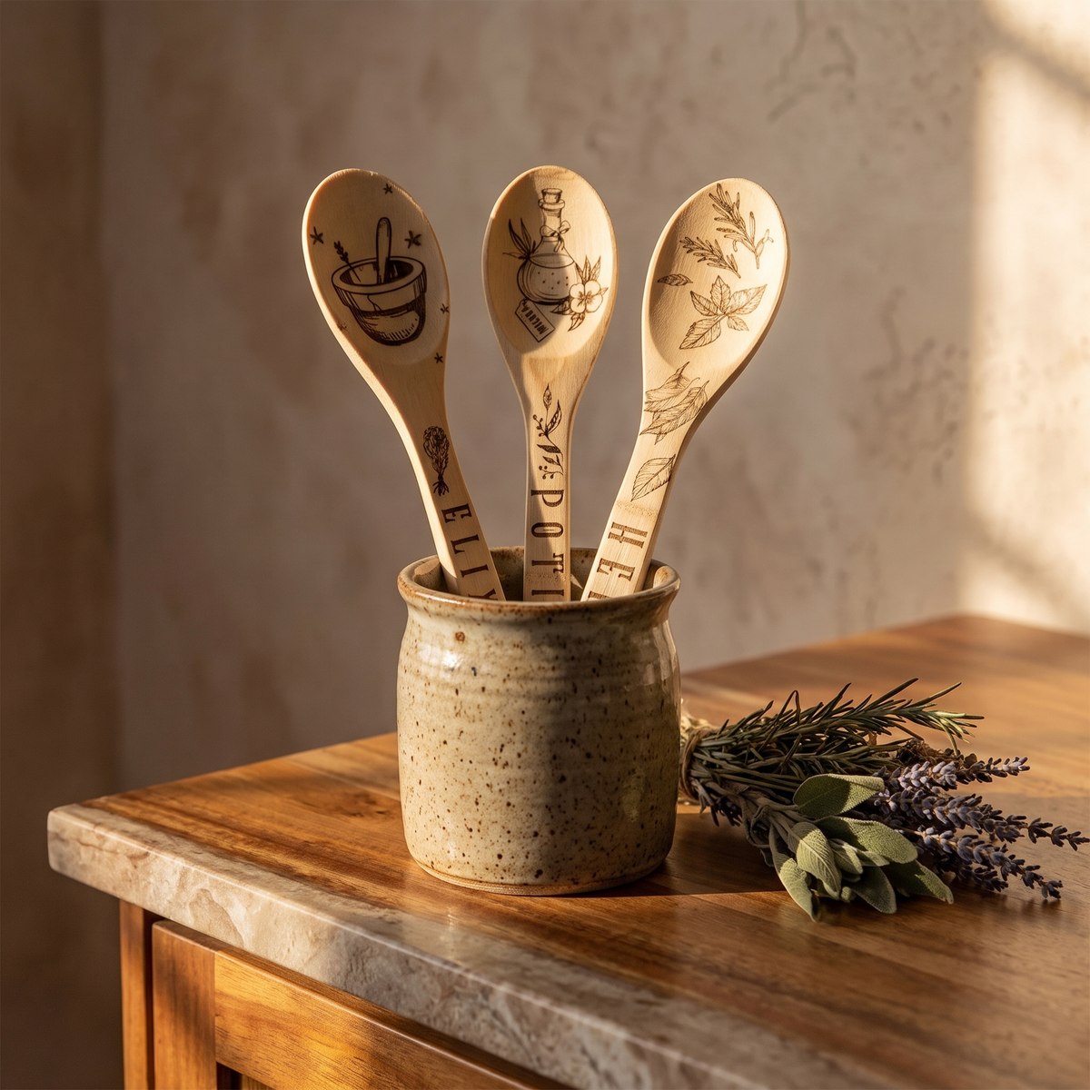 Kitchen witch wooden spoons in a stoneware crock
