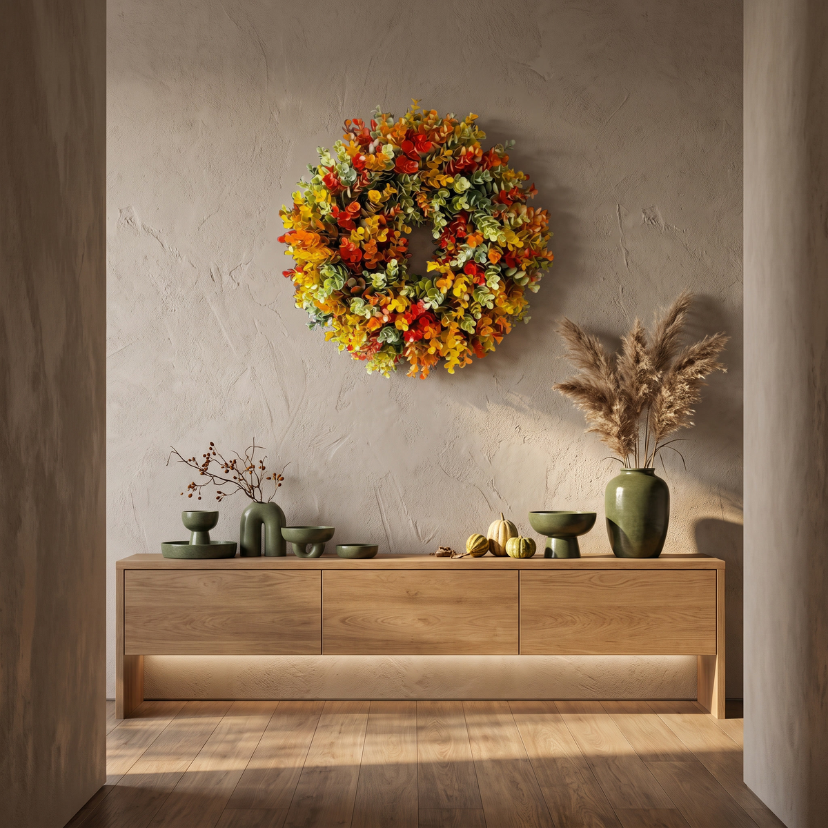 Autumn leaf wreath on a hallway wall above an oak console
