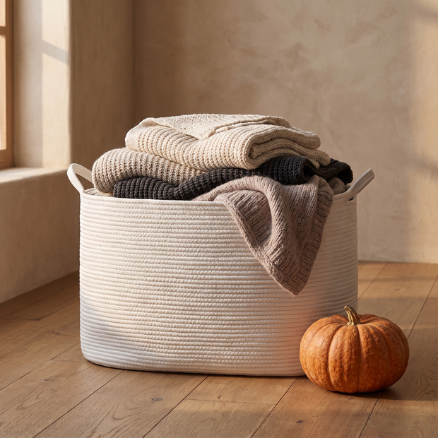 Woven rope storage basket filled with knit blankets
