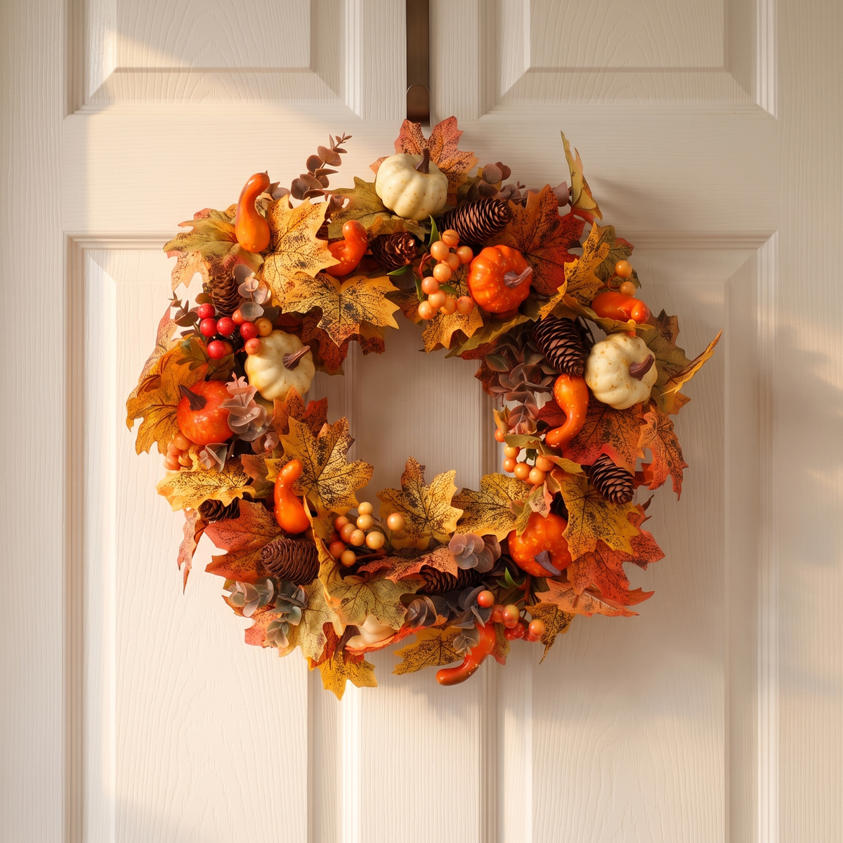 Fall pumpkin wreath on a white paneled door