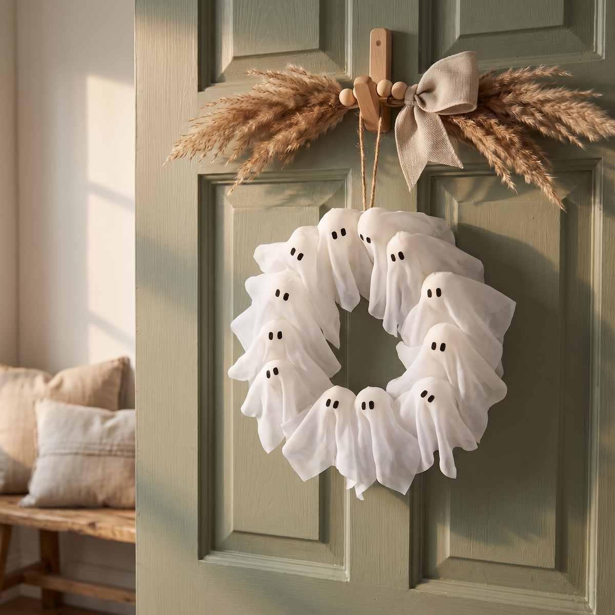 Ghost wreath on a sage green front door