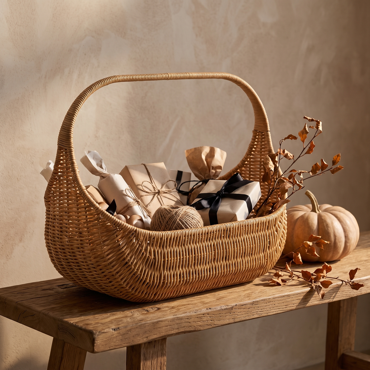 Woven basket filled with Halloween candy by the door