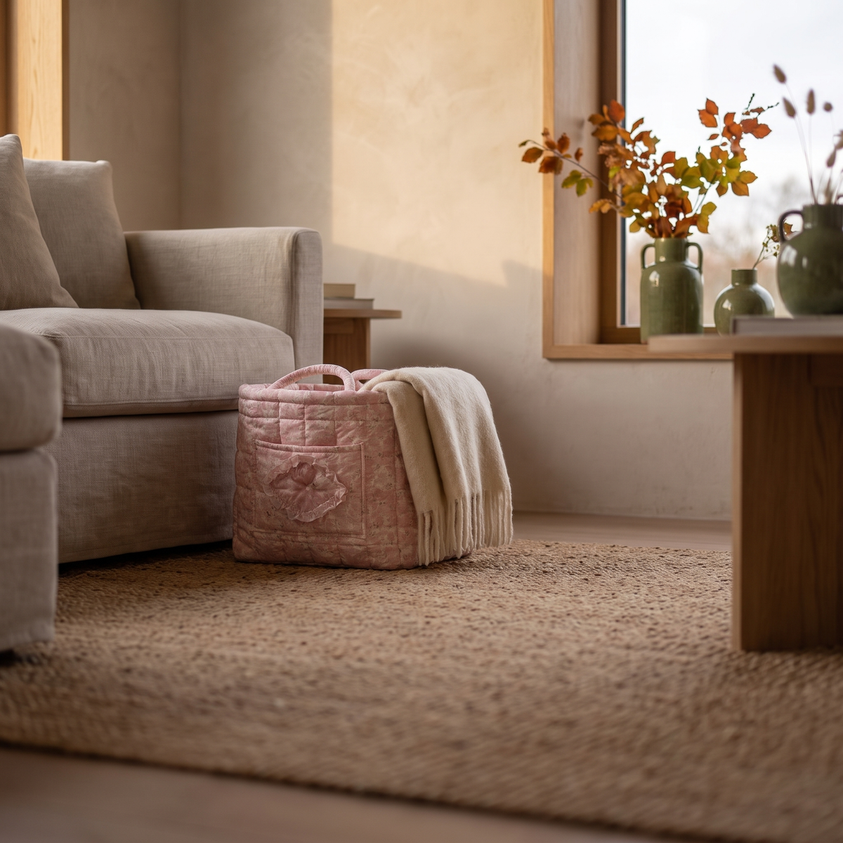 Quilted storage basket with a throw beside a sofa