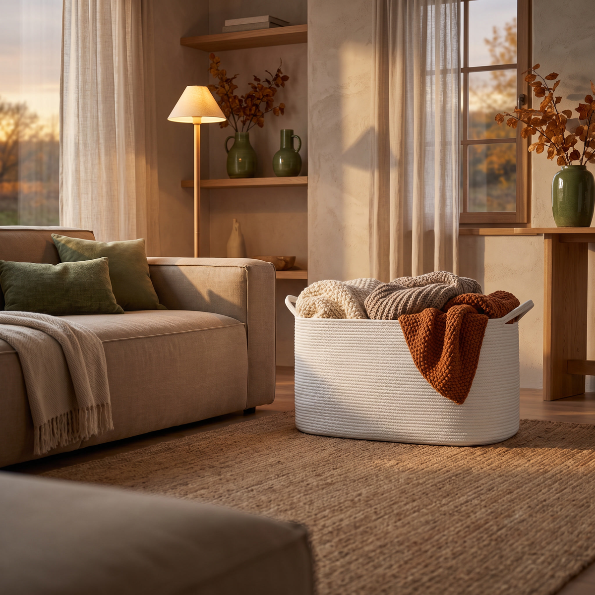 Rope storage basket with blankets beside a sofa