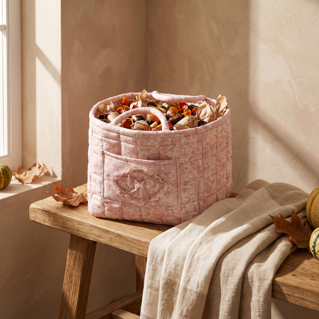 Quilted floral basket filled with Halloween candy