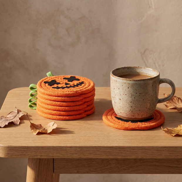 Handwoven pumpkin coasters under a stoneware mug