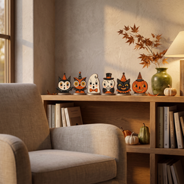 Wooden Halloween shelf sitters on a bookshelf