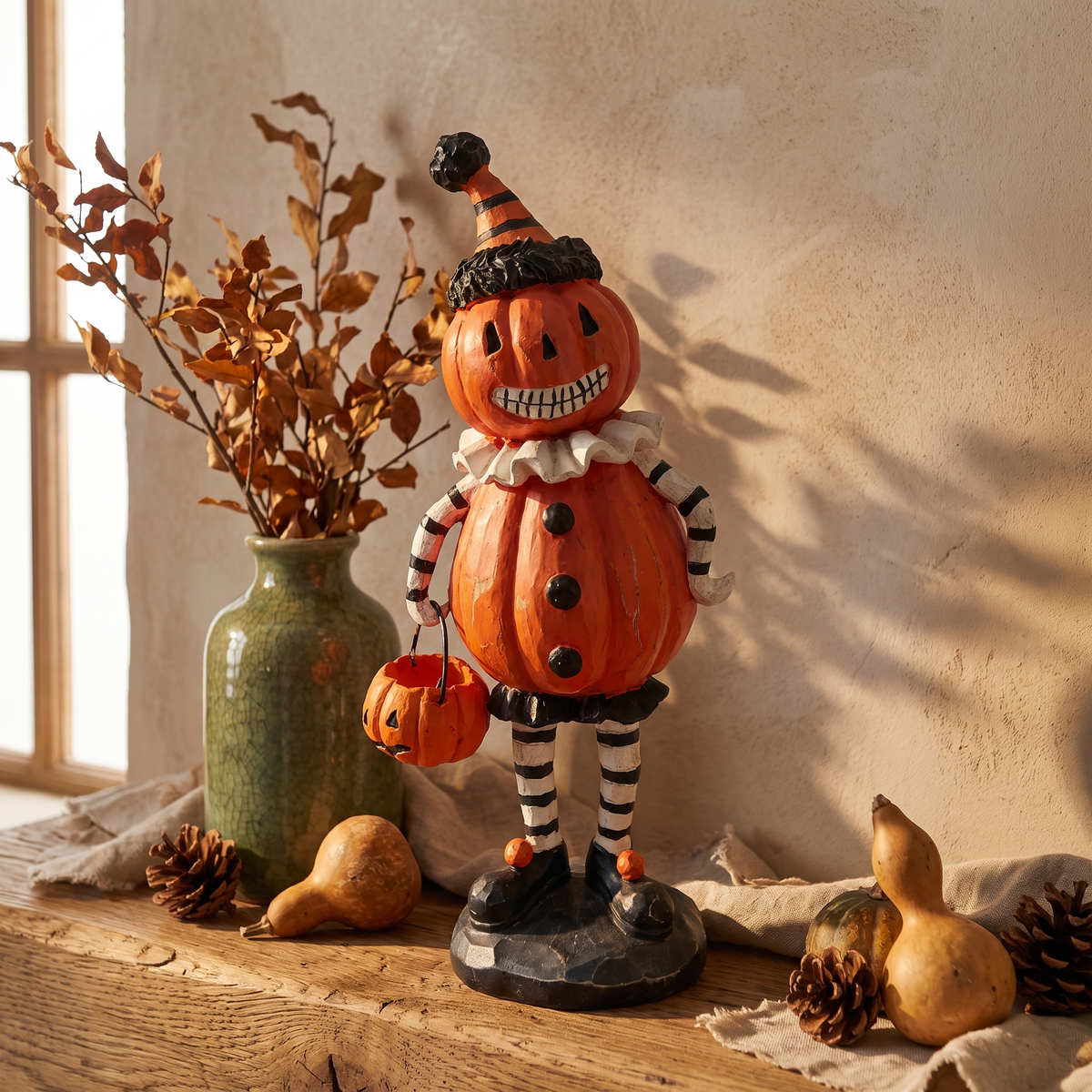 Vintage Halloween figurine on an oak mantel