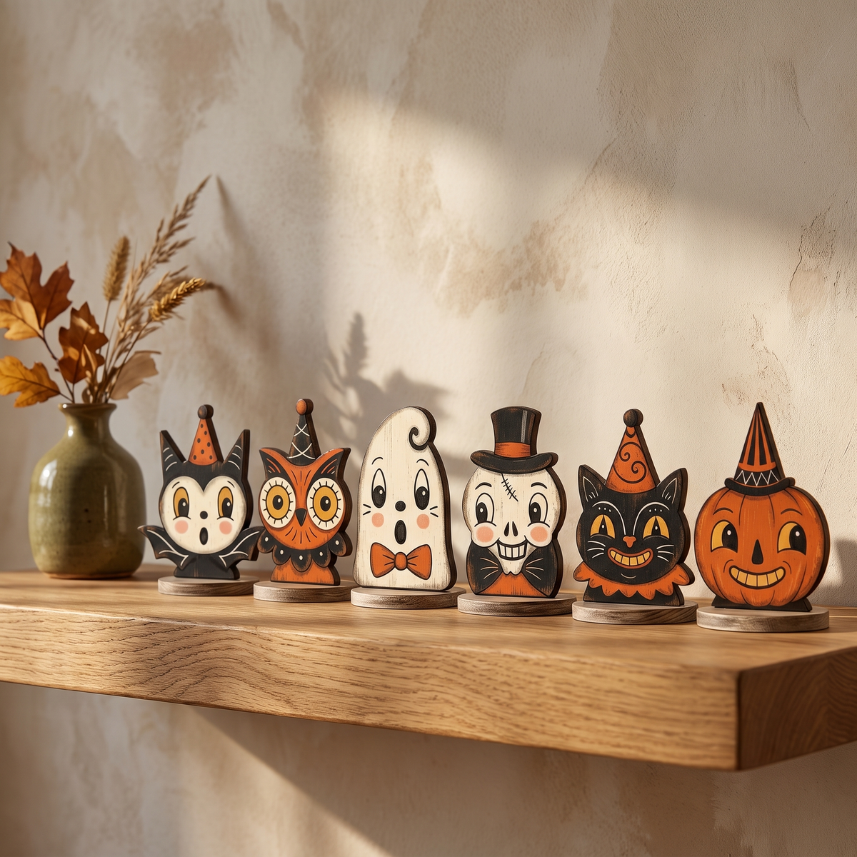 Painted wooden Halloween shelf sitters on an oak shelf