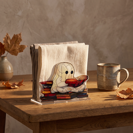 Ghost acrylic napkin holder on an oak kitchen table