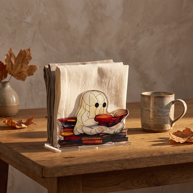 Ghost acrylic napkin holder on an oak kitchen table