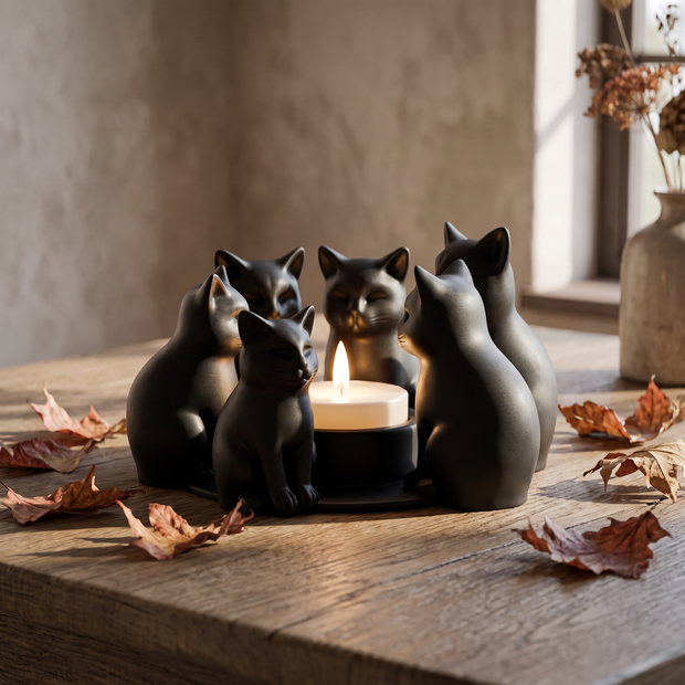Black cat ring tealight holder with a lit tealight
