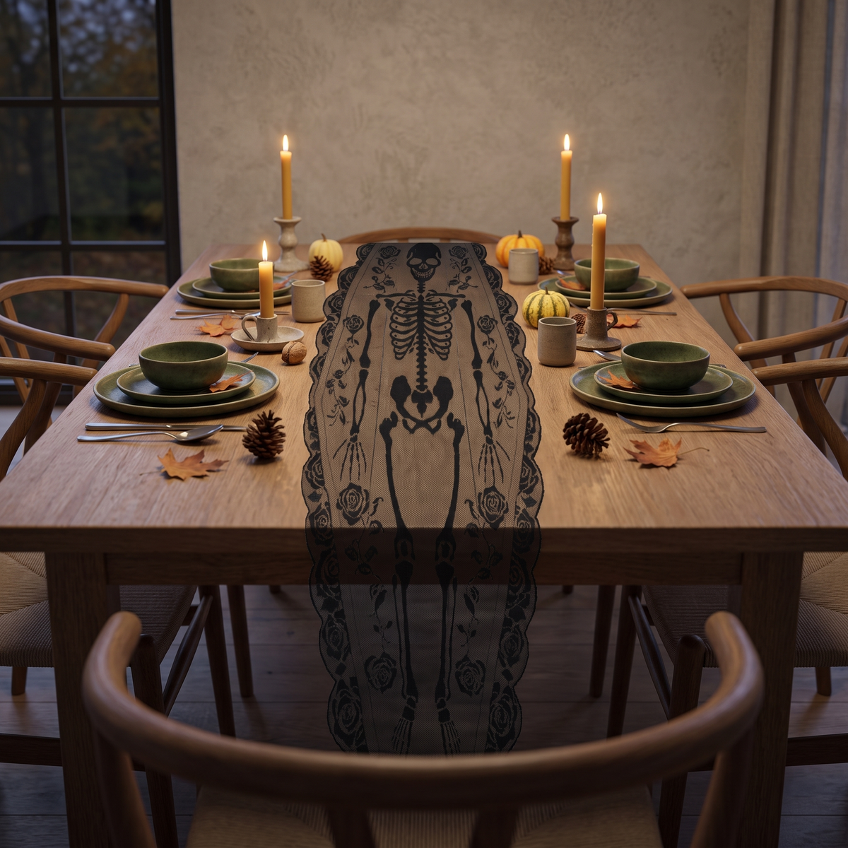 Skeleton lace runner on an autumn dinner table