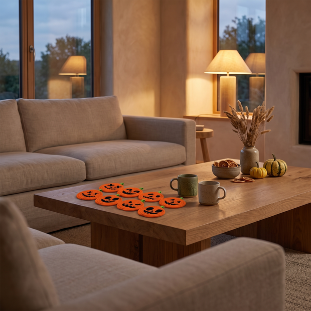 Pumpkin coasters on a living room coffee table