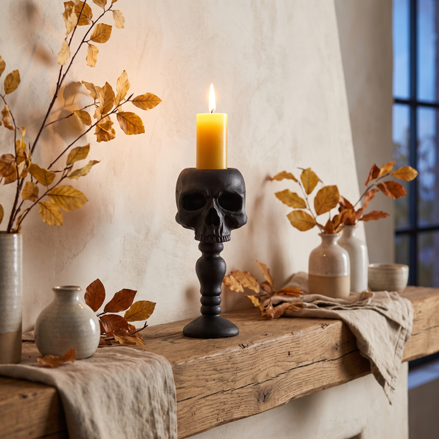 Skull candle holder with a lit candle on an oak mantel