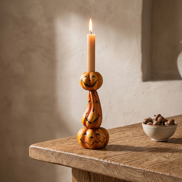 Stacked pumpkin candlestick with a lit taper