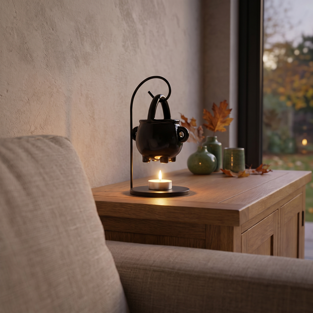 Cauldron wax burner on a living room sideboard