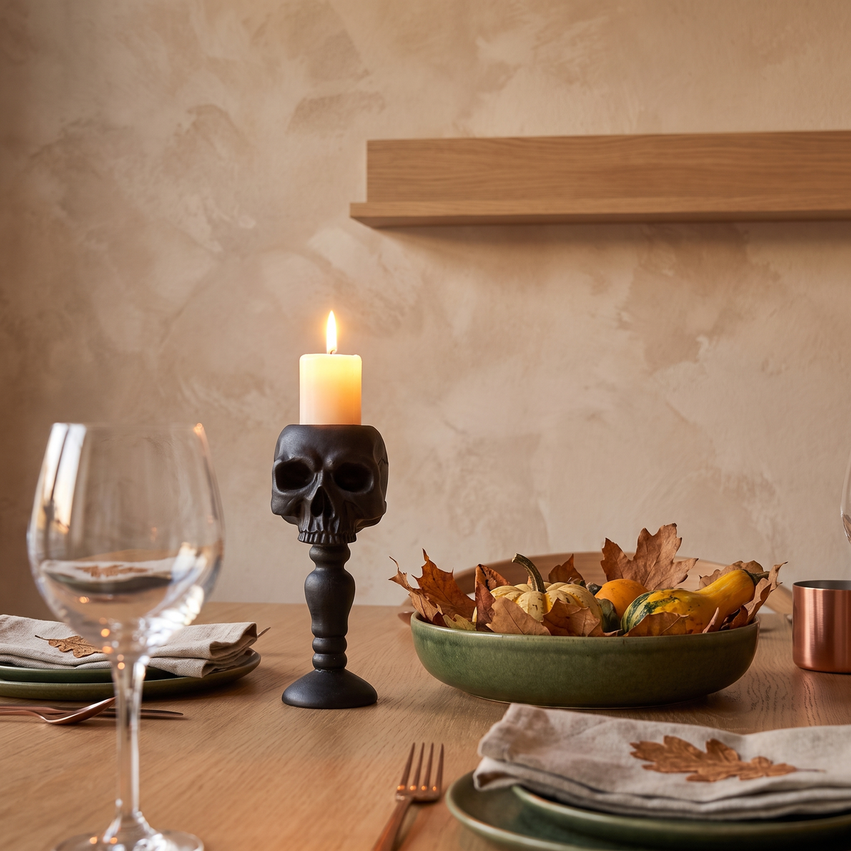Skull candle holder on an autumn dinner table