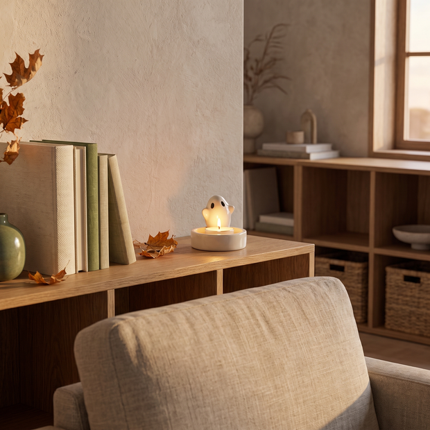 Ghost tealight holder on a living room bookshelf