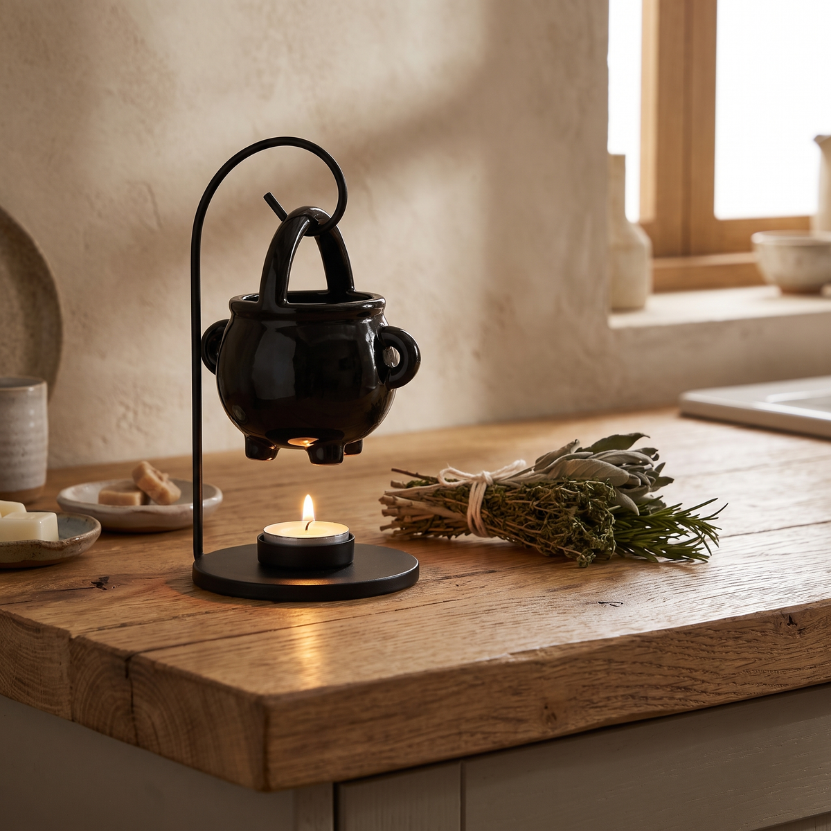 Cauldron wax melt burner on an oak counter