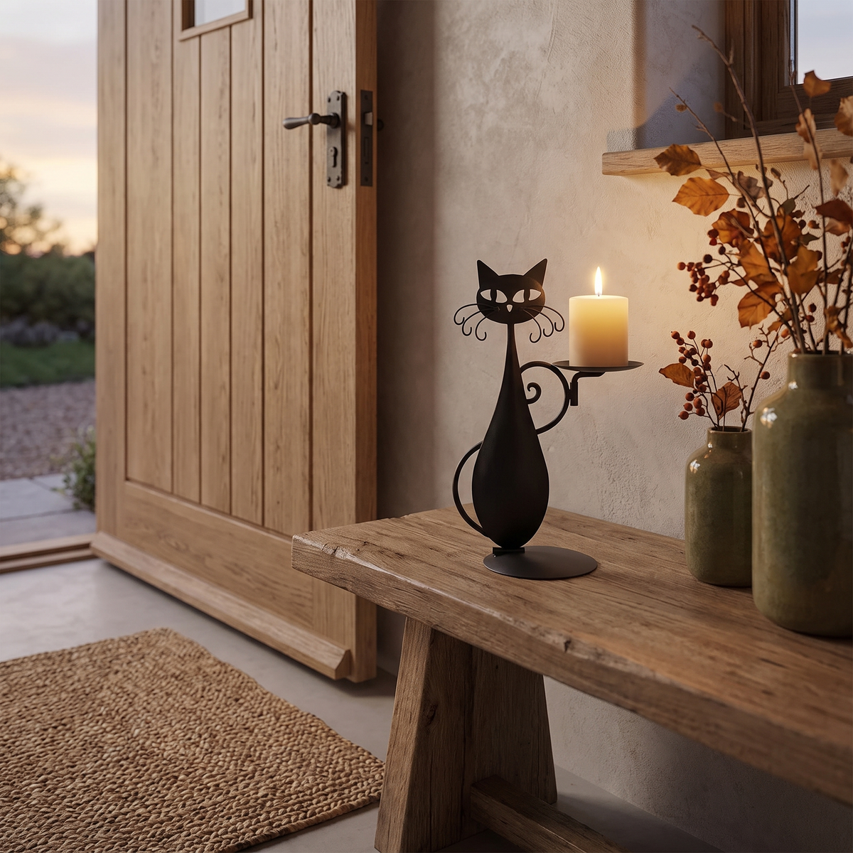 Black cat candle holder in an entrance hall at dusk