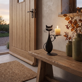 Black cat candle holder in an entrance hall at dusk