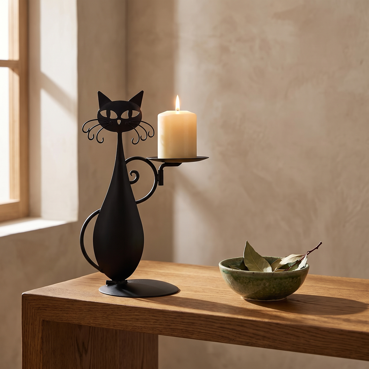 Black cat metal candle holder on an oak console