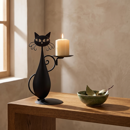 Black cat metal candle holder on an oak console