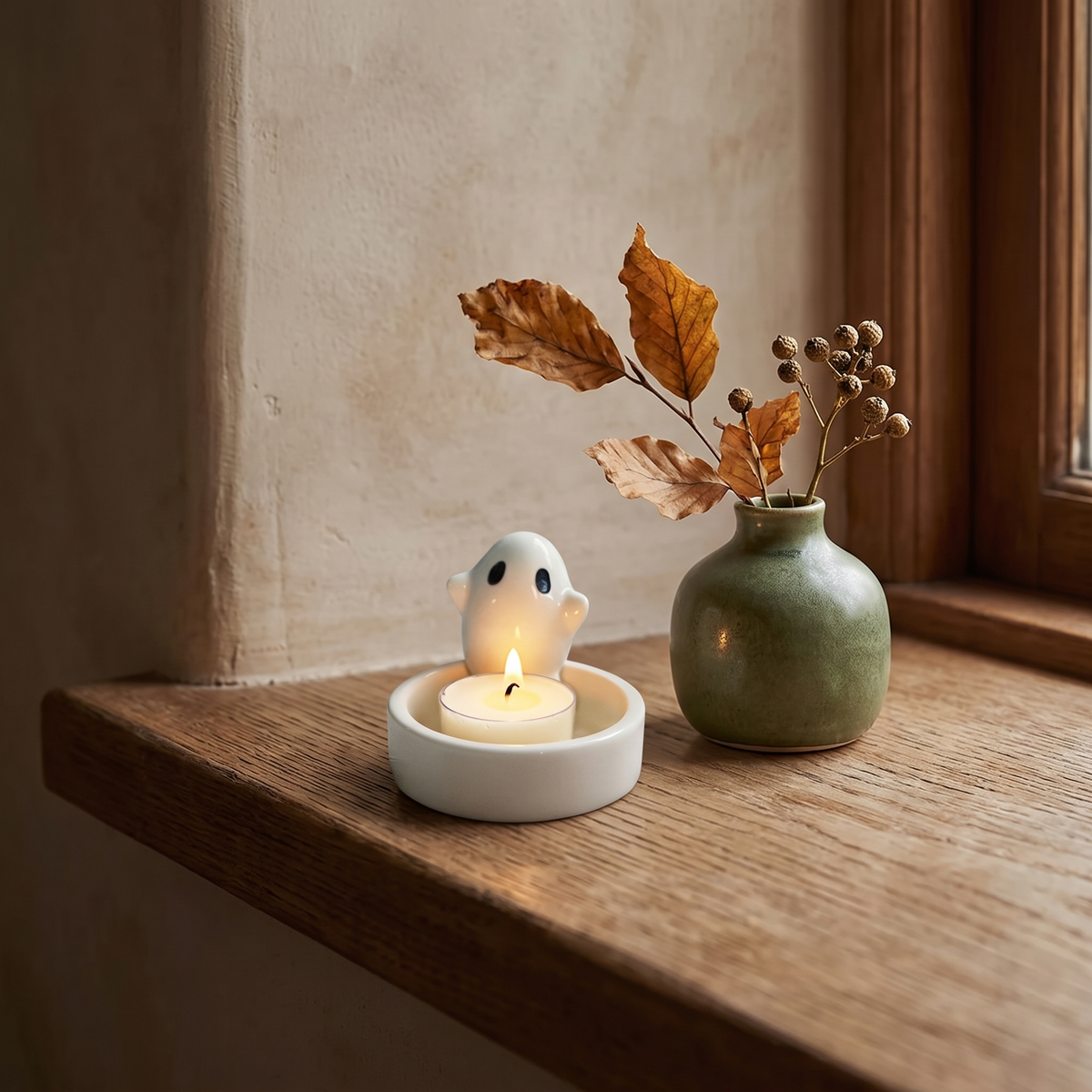 Ceramic ghost tealight holder on a windowsill
