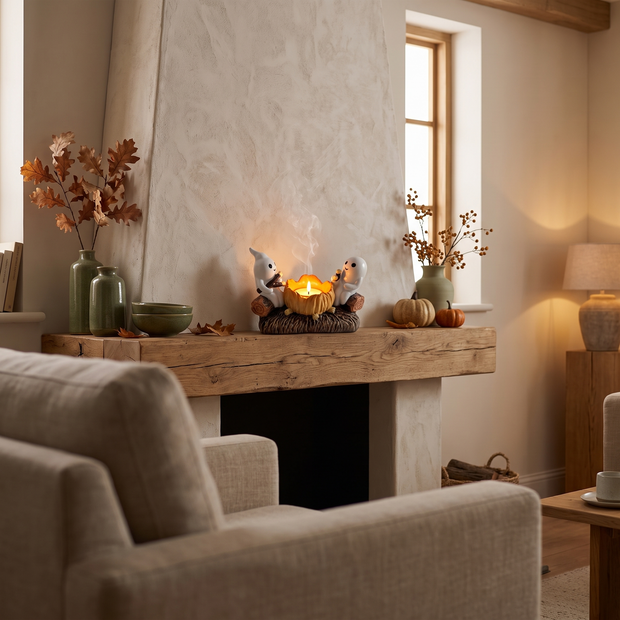 Ghost campfire tealight holder on a living room mantel