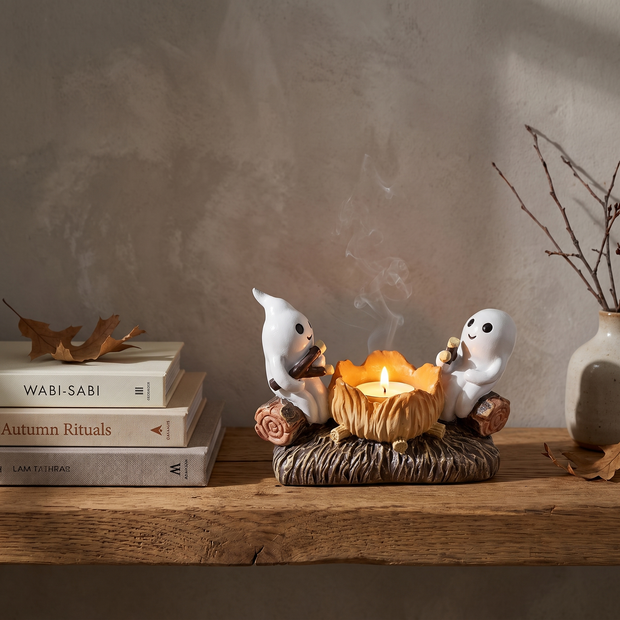 Ghost campfire tealight holder on an oak shelf