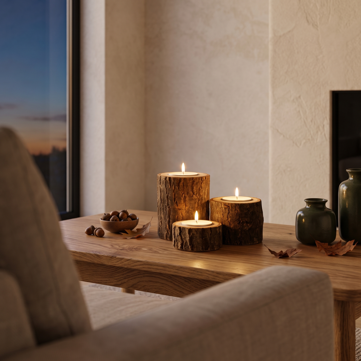 Log tealight holders on a living room coffee table