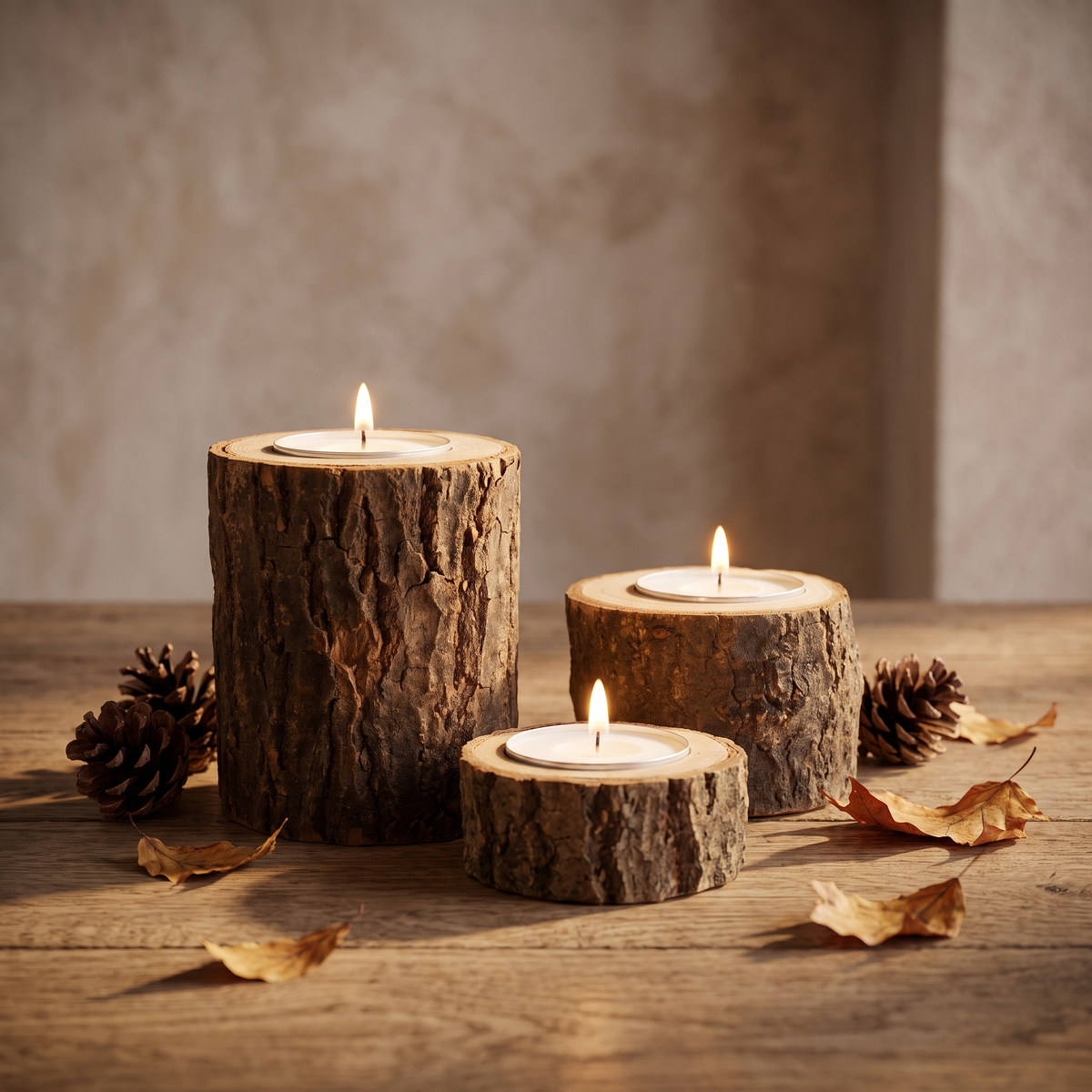 Wooden log tealight holders with lit tealights