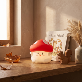 Silicone mushroom night light on a shelf in a kids room