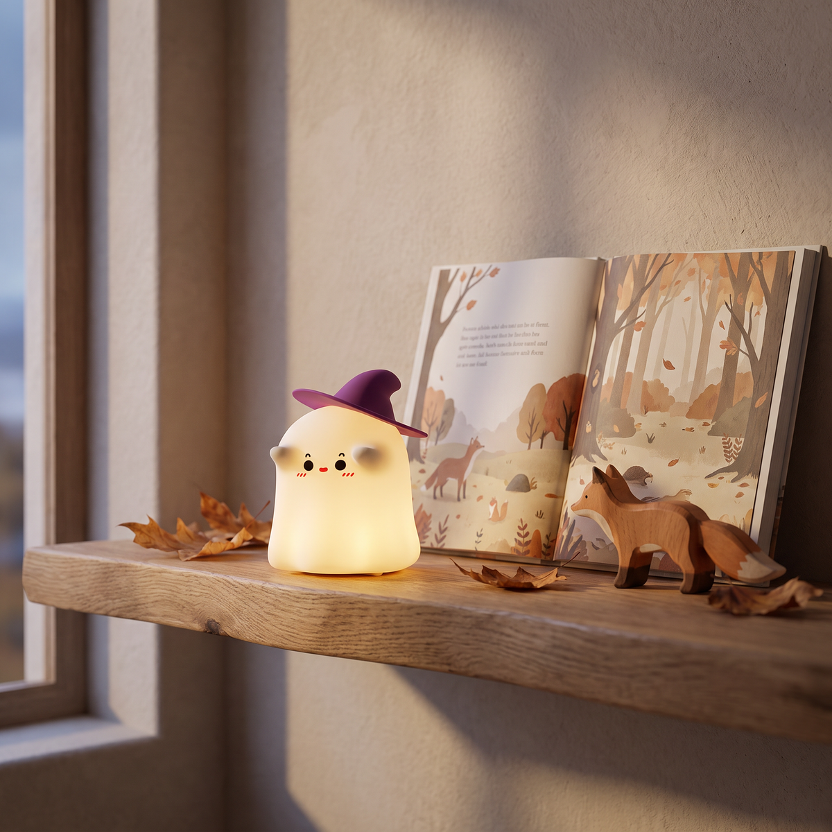Silicone ghost night light on a shelf in a kids room