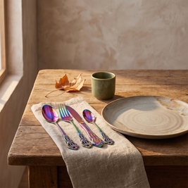 Rainbow baroque flatware place setting on a linen napkin