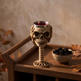 Grinning skull goblet on an oak bar cart
